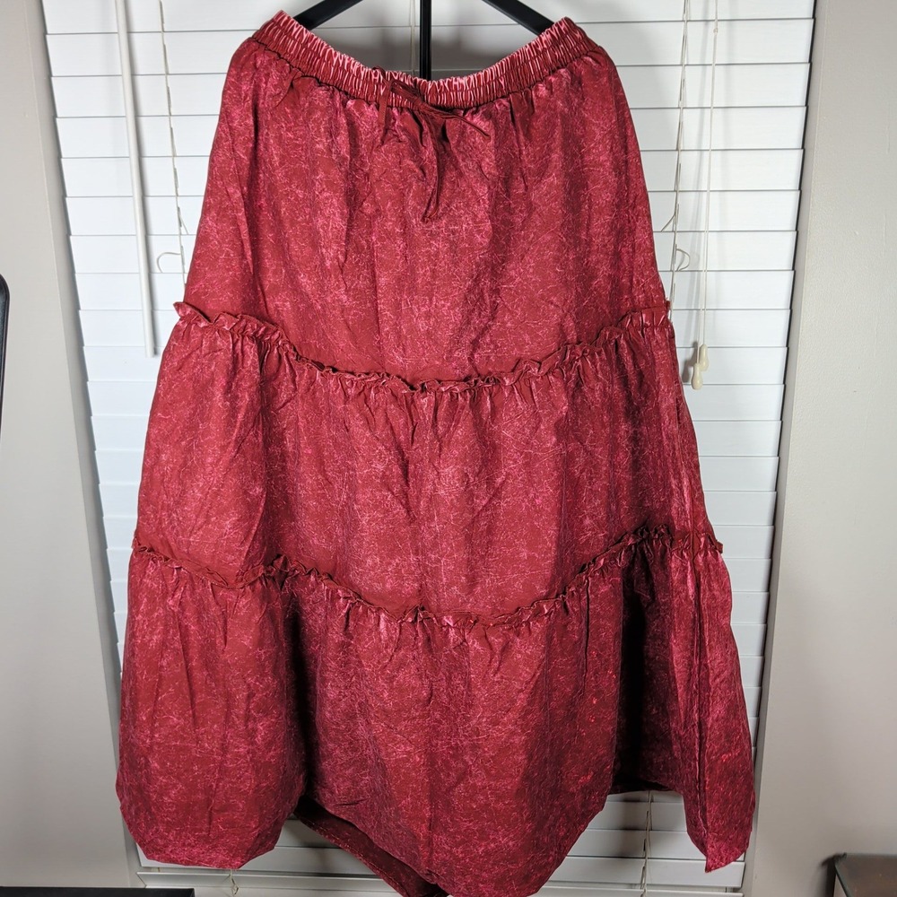 Zenana Tiered Maxi Skirt Womens 2X Burgundy Mineral Wash Cotton Boho Excellent